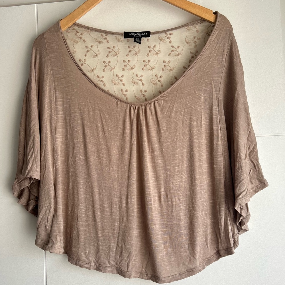 Streetwear Society Tan Flutter Sleeve Crop Blouse